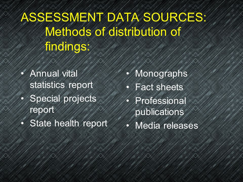 ASSESSMENT DATA SOURCES: Methods of distribution of findings: