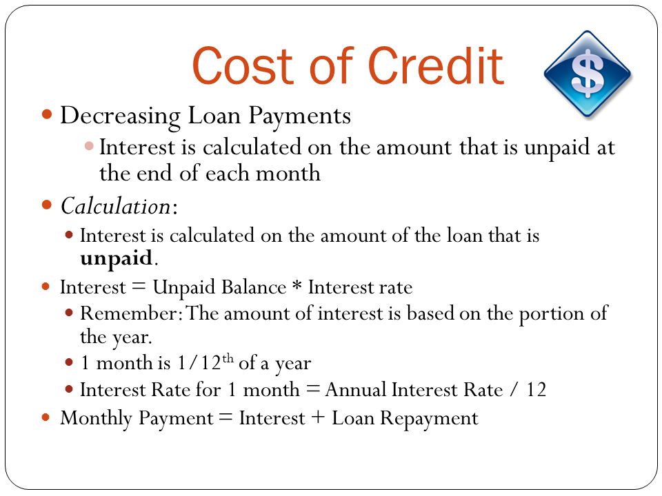 Cost of Credit Decreasing Loan Payments Calculation: