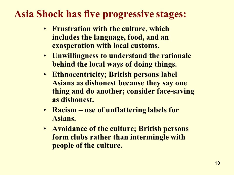Asia Shock has five progressive stages: