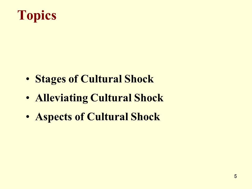Topics Stages of Cultural Shock Alleviating Cultural Shock