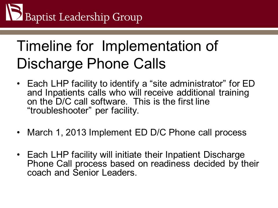 Timeline for Implementation of Discharge Phone Calls