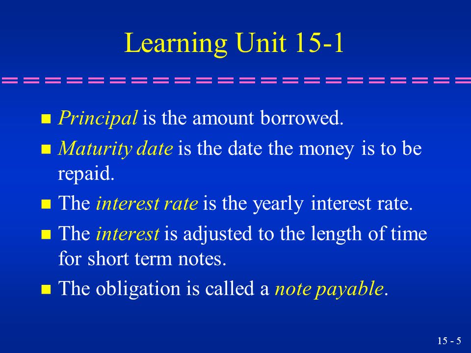 Learning Unit 15-1 Principal is the amount borrowed.