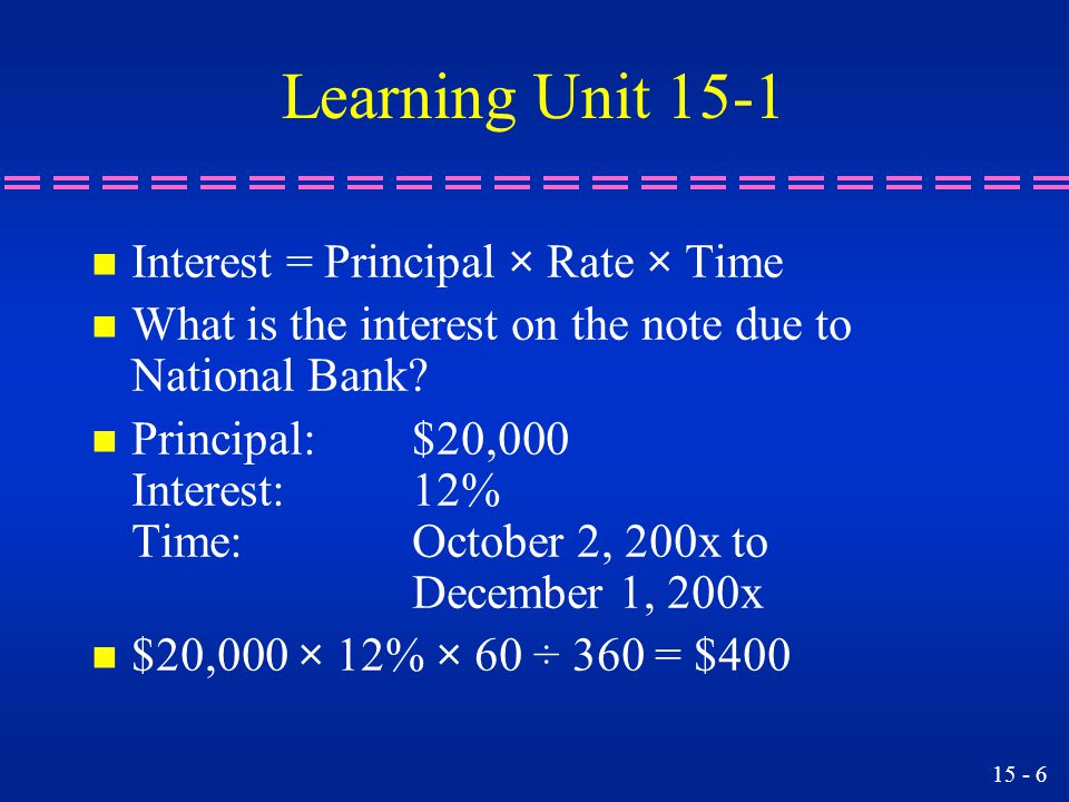 Learning Unit 15-1 Interest = Principal × Rate × Time