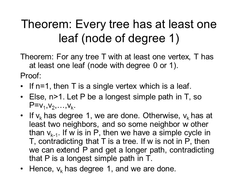 Theorem: Every tree has at least one leaf (node of degree 1)