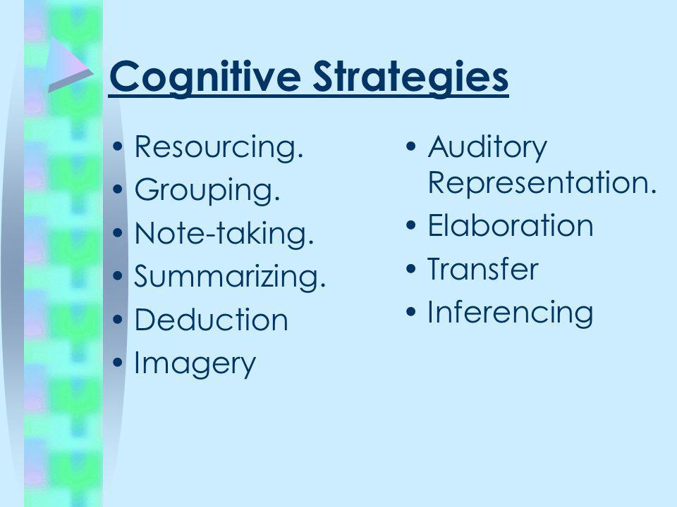 Cognitive Strategies Resourcing. Grouping. Note-taking. Summarizing.