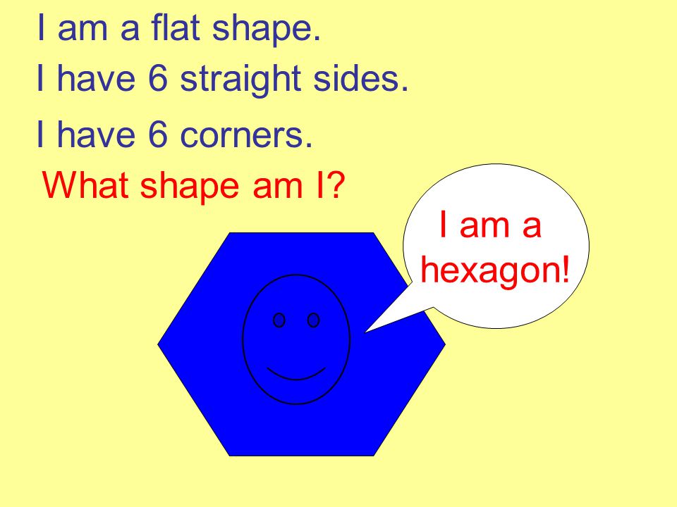 I am a flat shape. I have 6 straight sides. I have 6 corners. What shape am I I am a hexagon!