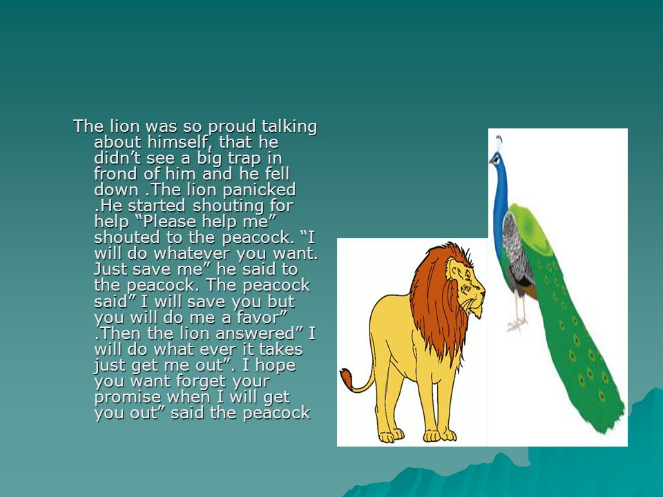 The lion was so proud talking about himself, that he didn’t see a big trap in frond of him and he fell down .The lion panicked .He started shouting for help Please help me shouted to the peacock.