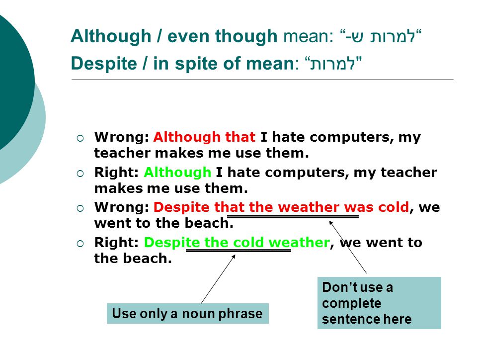 Although / even though mean: למרות ש- Despite / in spite of mean: למרות