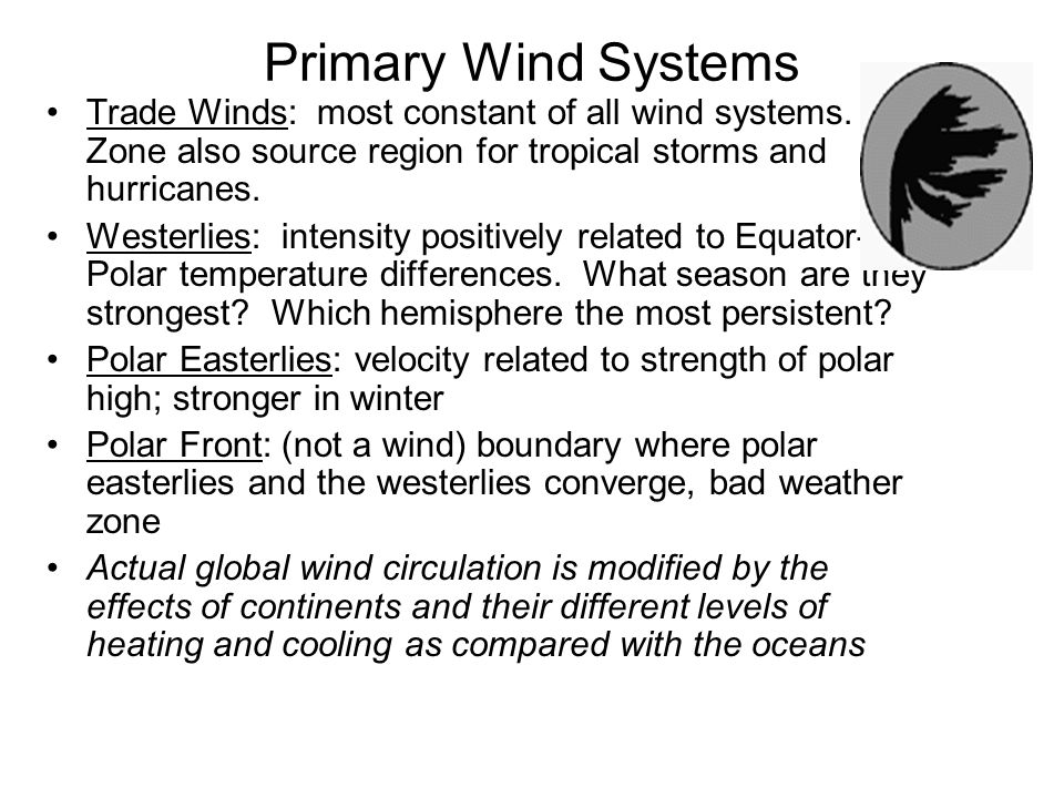 Primary Wind Systems Trade Winds: most constant of all wind systems. Zone also source region for tropical storms and hurricanes.