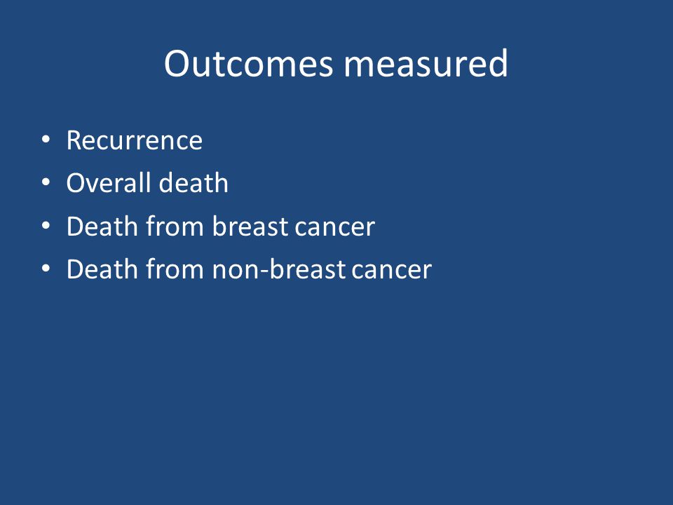 Outcomes measured Recurrence Overall death Death from breast cancer