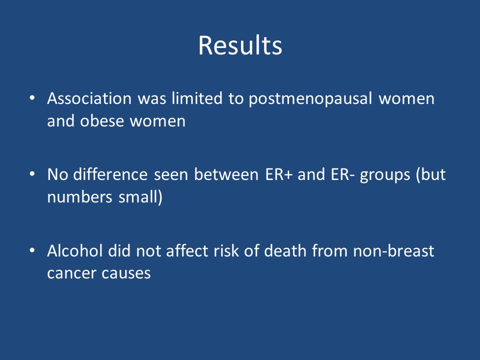 Results Association was limited to postmenopausal women and obese women. No difference seen between ER+ and ER- groups (but numbers small)