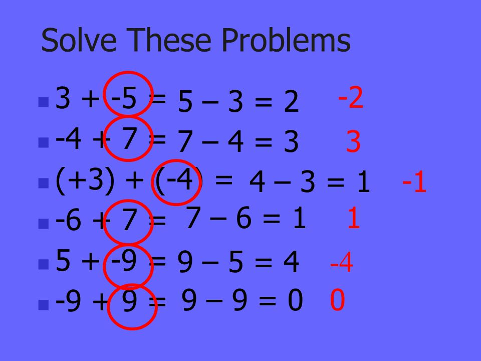 Solve These Problems = = (+3) + (-4) = =