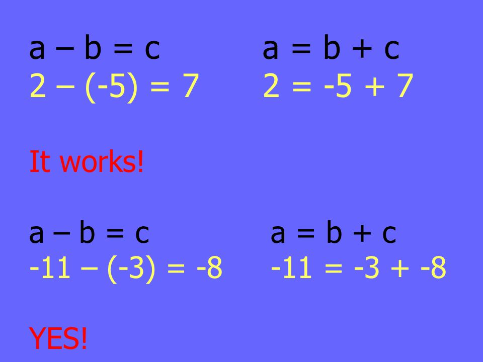 a – b = c a = b + c 2 – (-5) = 7 2 = It works!