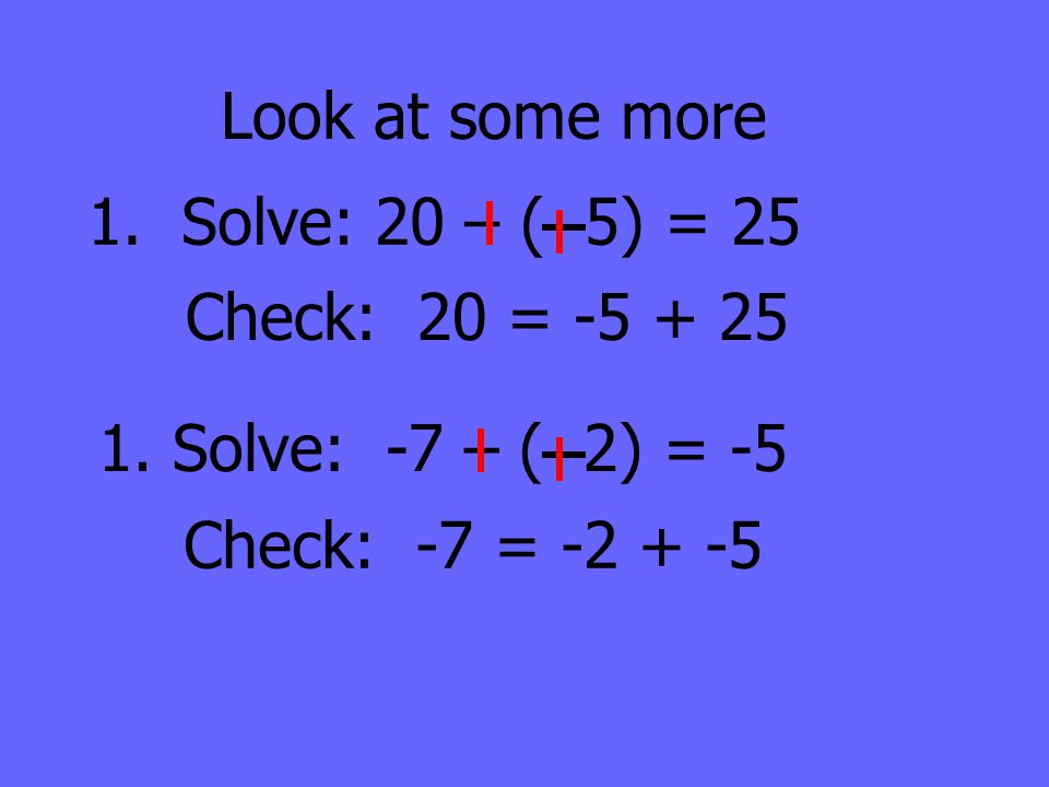 Look at some more 1. Solve: 20 – ( 5) = 25. Check: 20 =