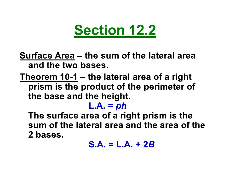 Section 12.2 Surface Area – the sum of the lateral area and the two bases.