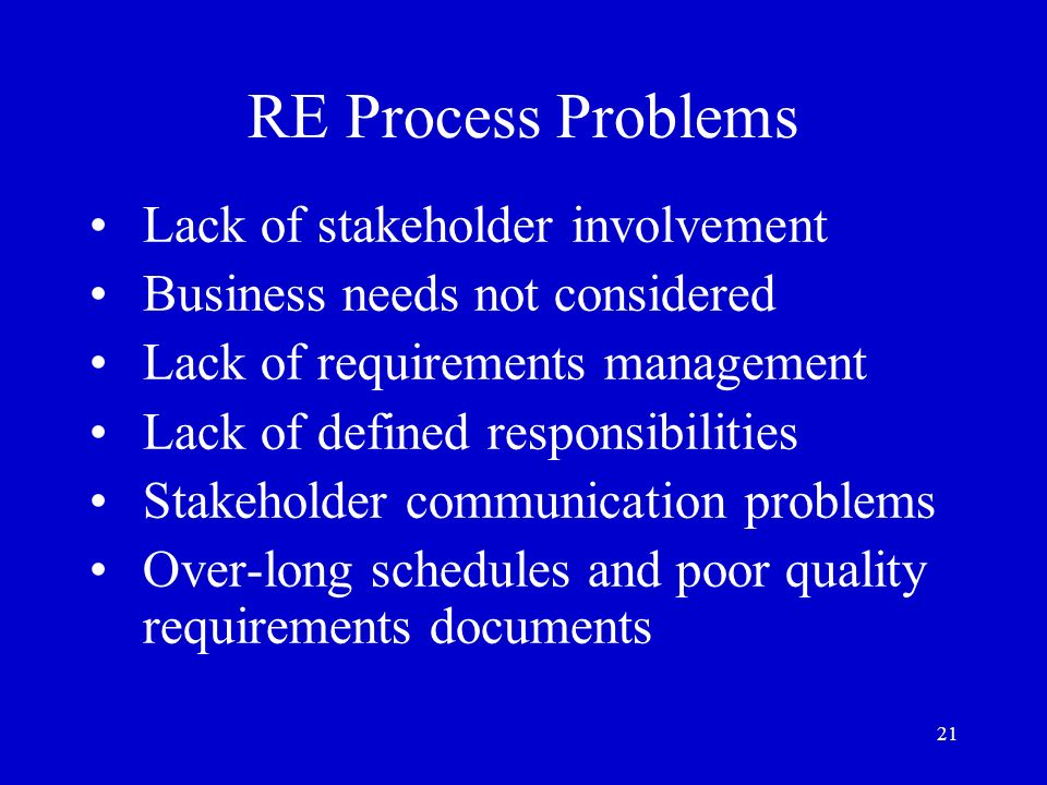 RE Process Problems Lack of stakeholder involvement