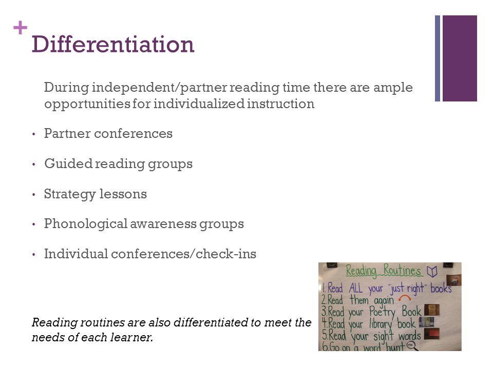 Differentiation During independent/partner reading time there are ample opportunities for individualized instruction.