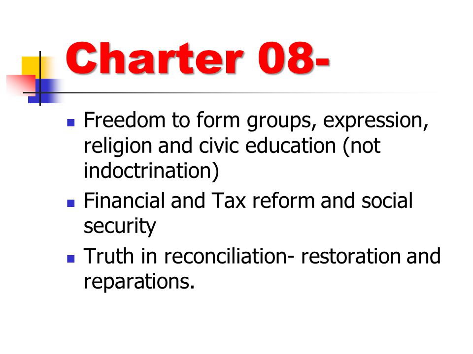 Charter 08- Freedom to form groups, expression, religion and civic education (not indoctrination) Financial and Tax reform and social security.