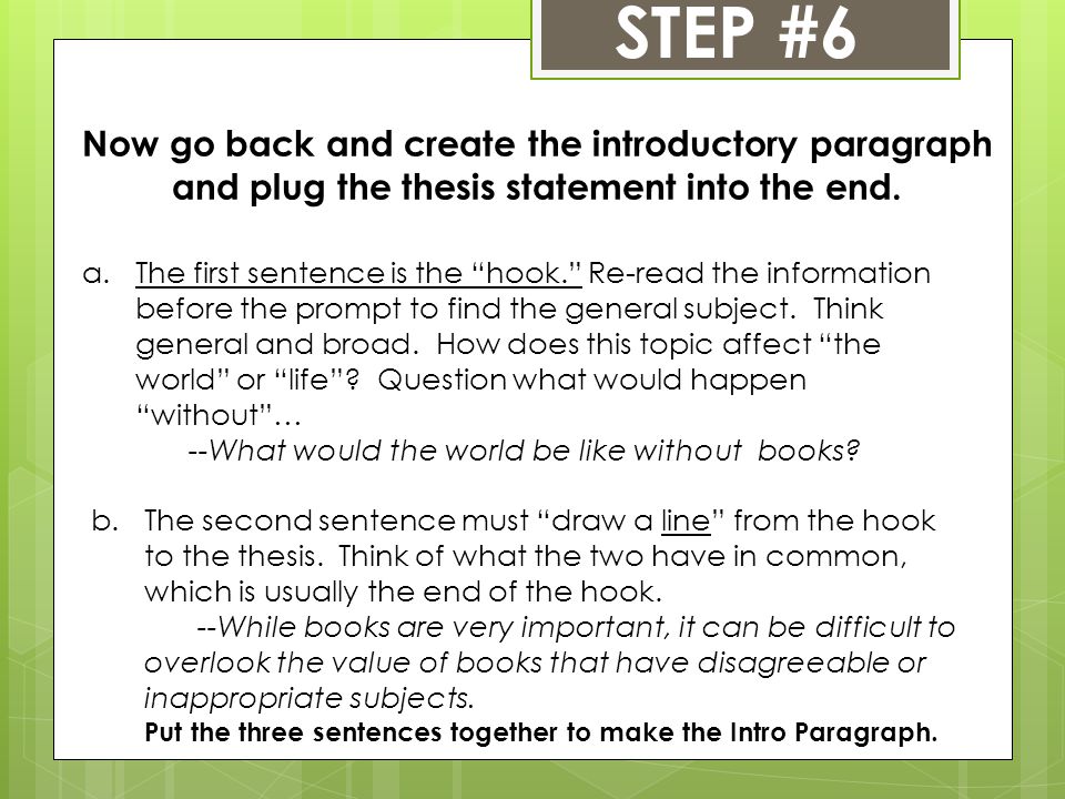 STEP #6 Now go back and create the introductory paragraph and plug the thesis statement into the end.