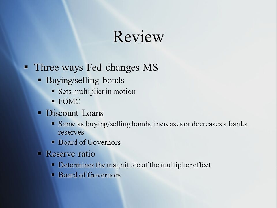 Review Three ways Fed changes MS Buying/selling bonds Discount Loans
