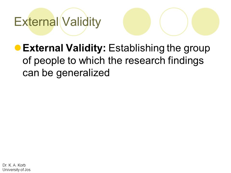 External Validity External Validity: Establishing the group of people to which the research findings can be generalized.