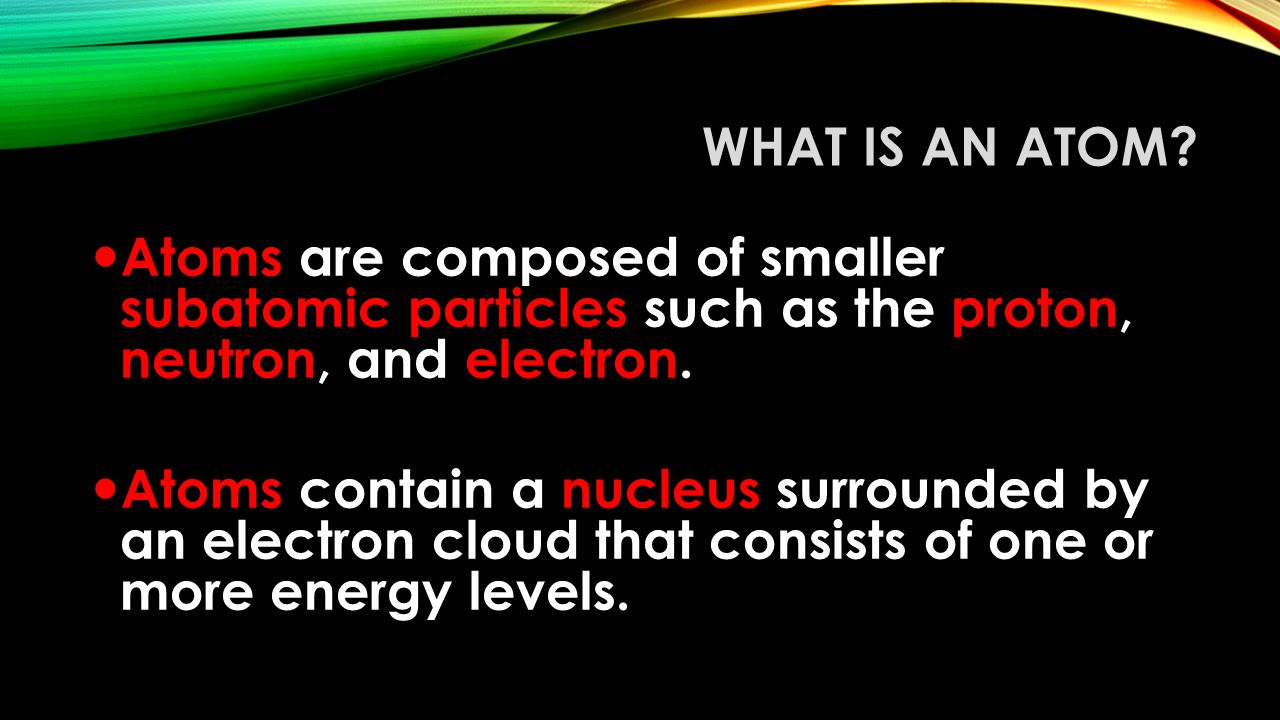What Is an Atom Atoms are composed of smaller subatomic particles such as the proton, neutron, and electron.