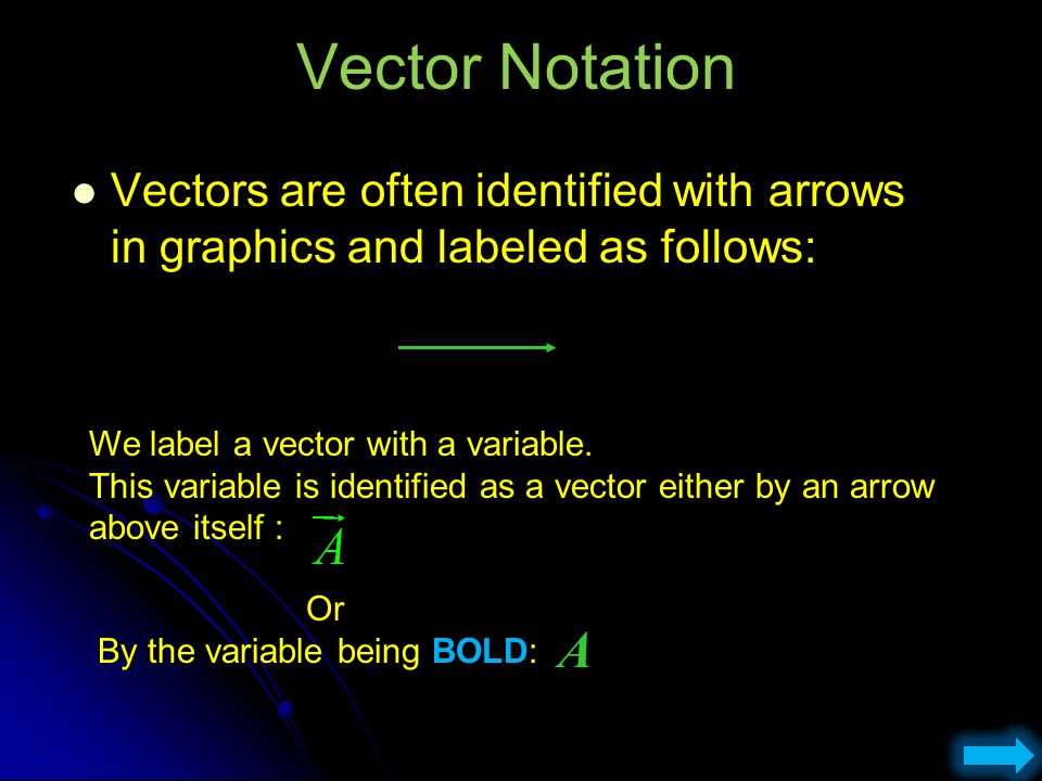Vector Notation Vectors are often identified with arrows in graphics and labeled as follows: We label a vector with a variable.