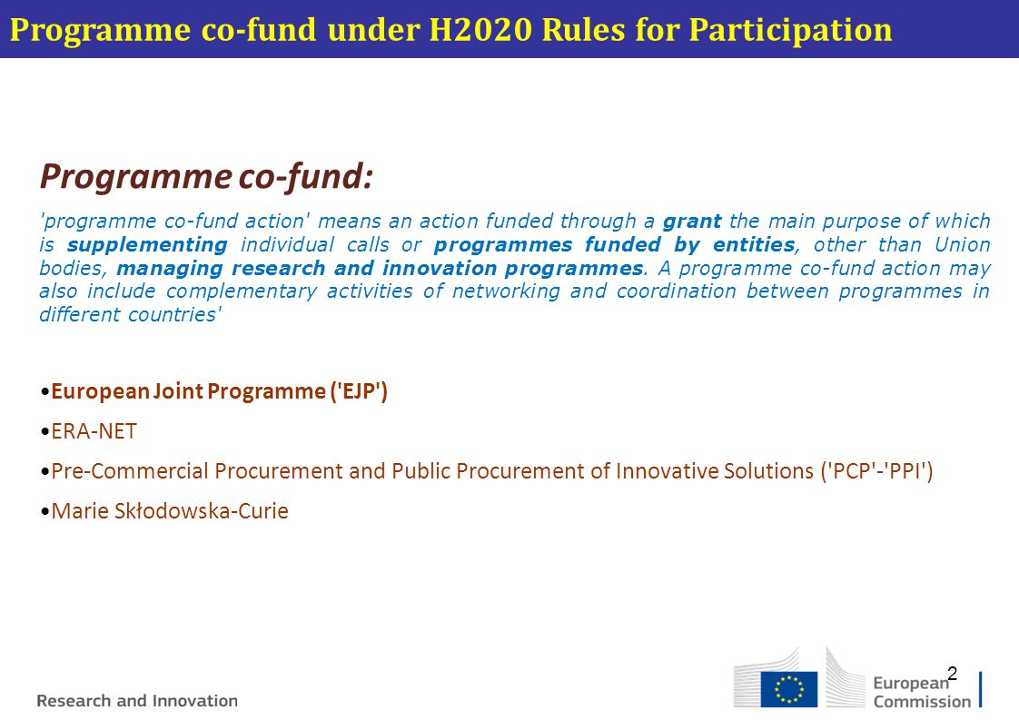 Programme co-fund under H2020 Rules for Participation
