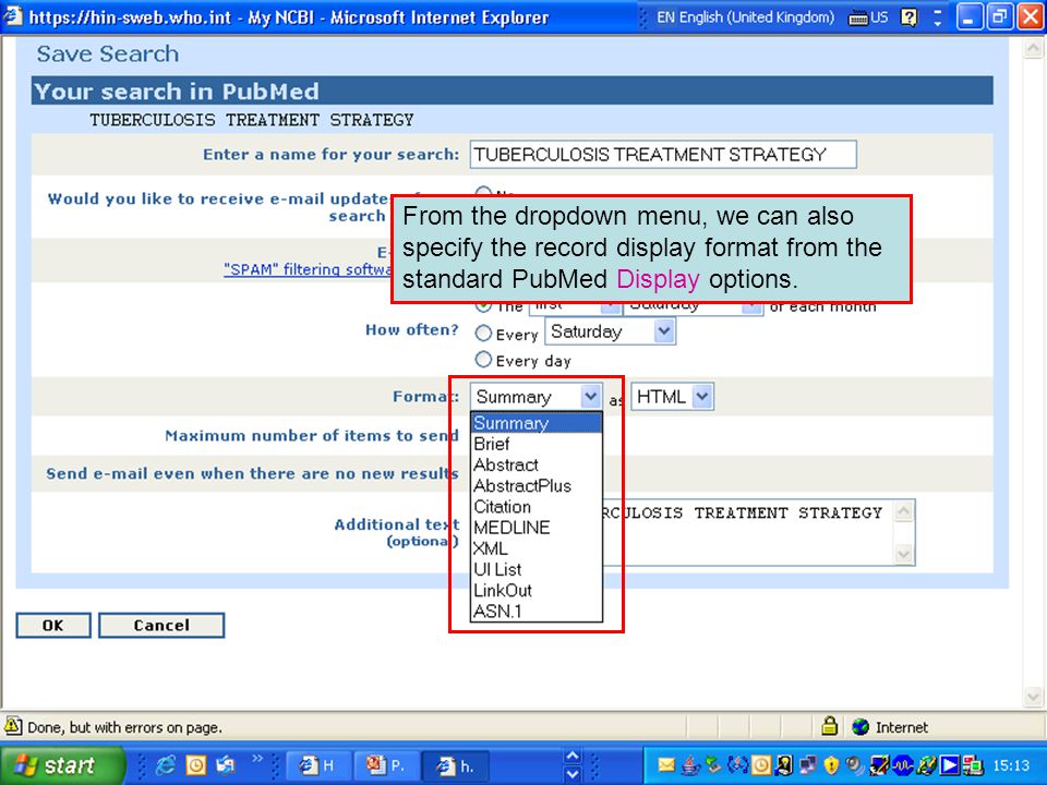 From the dropdown menu, we can also specify the record display format from the standard PubMed Display options.