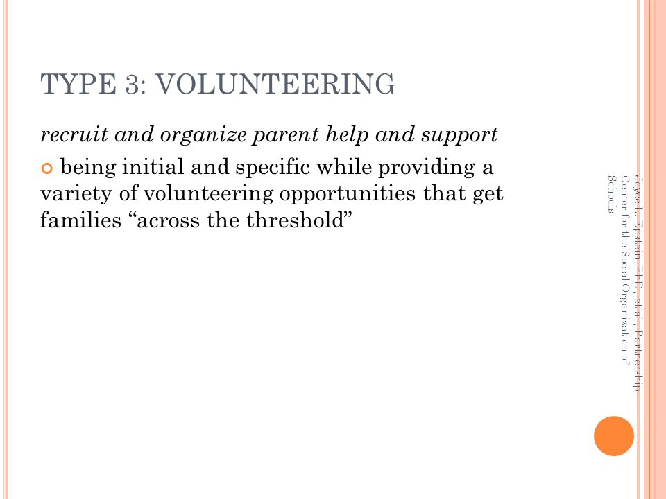 TYPE 3: VOLUNTEERING recruit and organize parent help and support