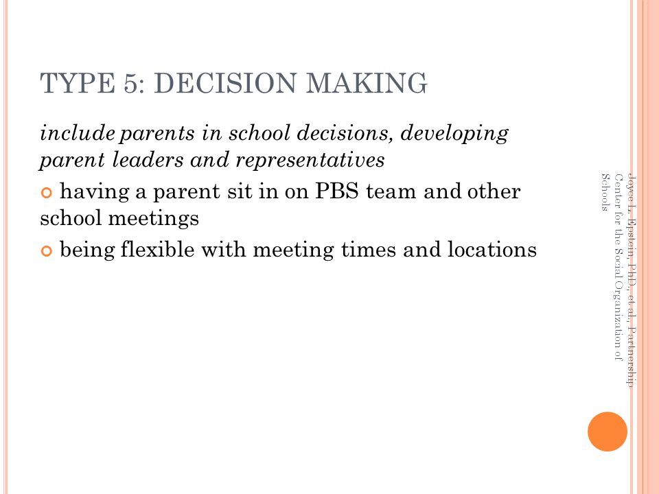 TYPE 5: DECISION MAKING include parents in school decisions, developing parent leaders and representatives.