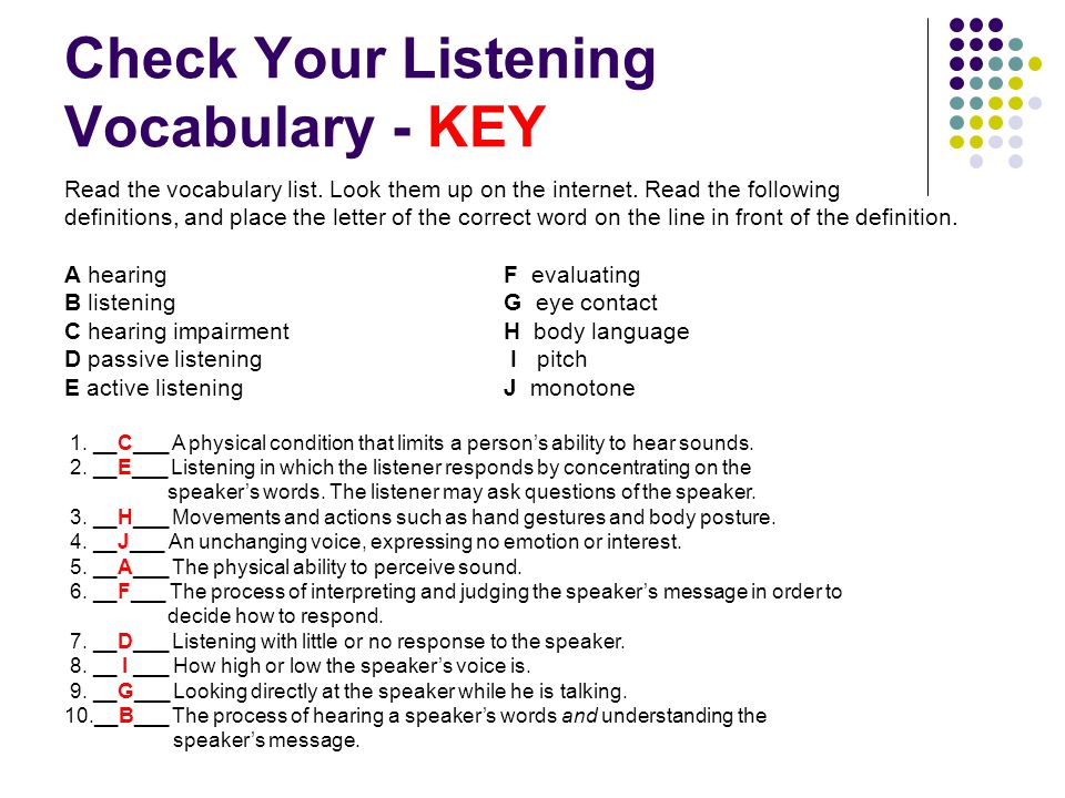 Check Your Listening Vocabulary - KEY