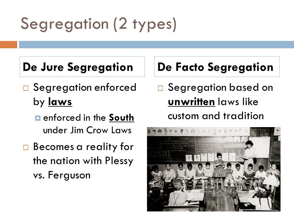 Segregation (2 types) De Jure Segregation De Facto Segregation
