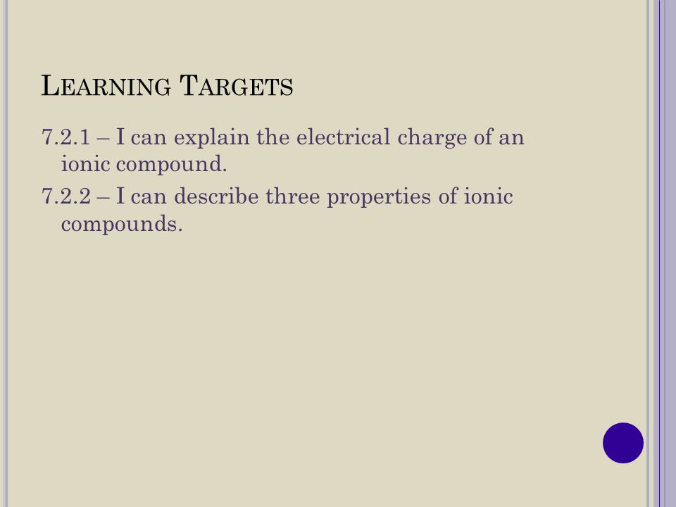 Learning Targets – I can explain the electrical charge of an ionic compound.