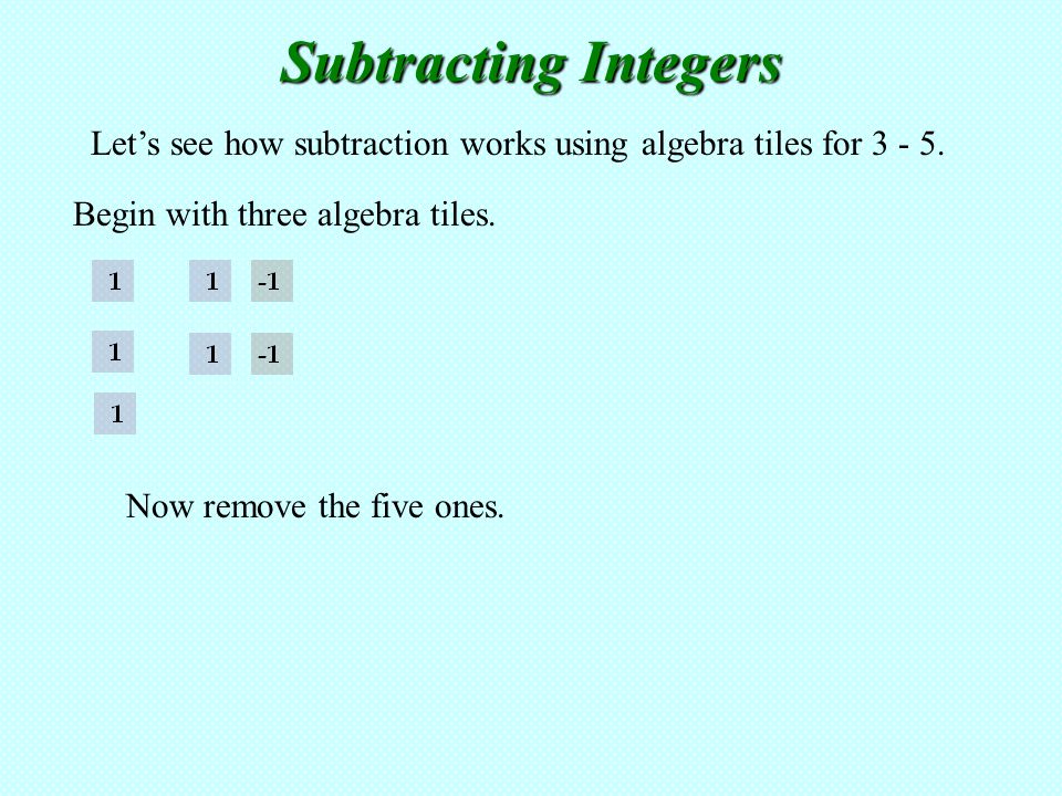 Subtracting Integers Let’s see how subtraction works using algebra tiles for Begin with three algebra tiles.