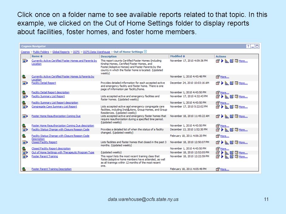 Click once on a folder name to see available reports related to that topic. In this example, we clicked on the Out of Home Settings folder to display reports about facilities, foster homes, and foster home members.
