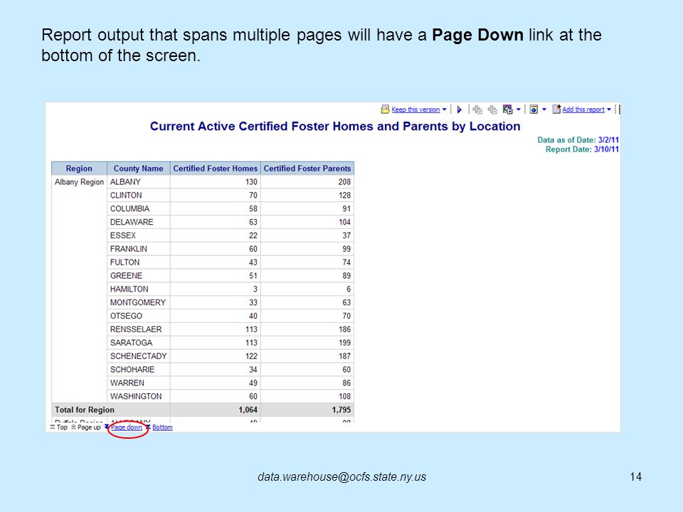 Report output that spans multiple pages will have a Page Down link at the bottom of the screen.