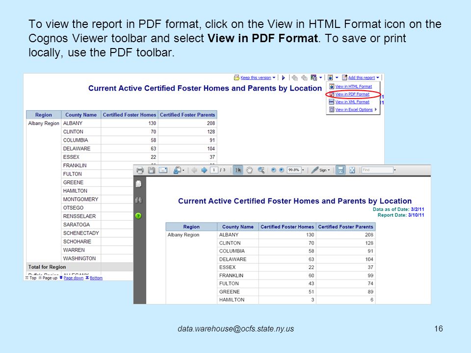 To view the report in PDF format, click on the View in HTML Format icon on the Cognos Viewer toolbar and select View in PDF Format. To save or print locally, use the PDF toolbar.