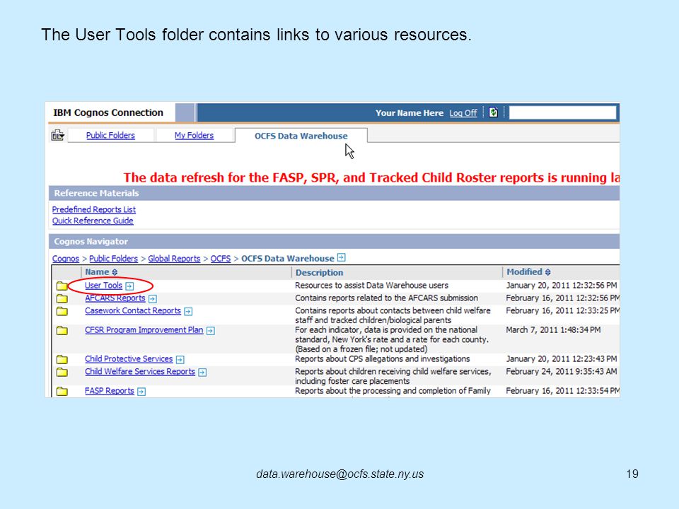 The User Tools folder contains links to various resources.