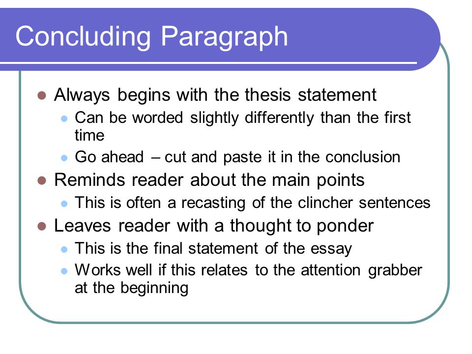 Concluding Paragraph Always begins with the thesis statement