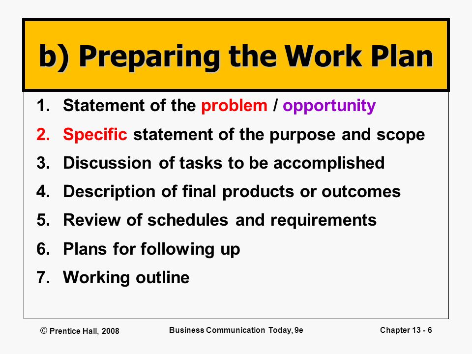b) Preparing the Work Plan