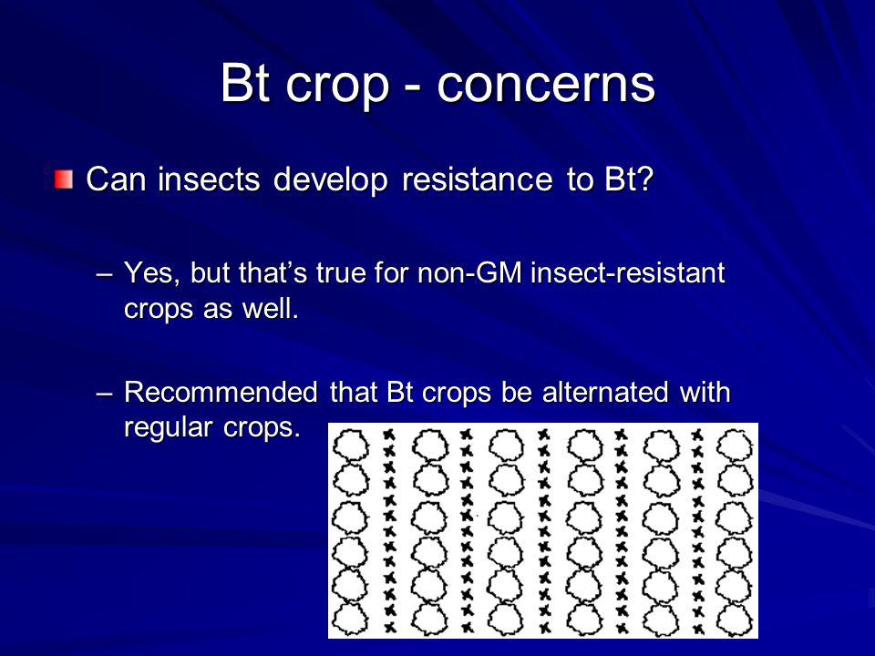 Bt crop - concerns Can insects develop resistance to Bt