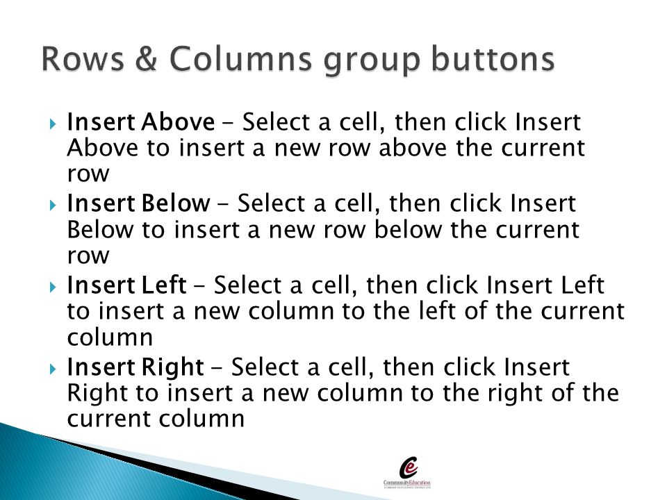Rows & Columns group buttons