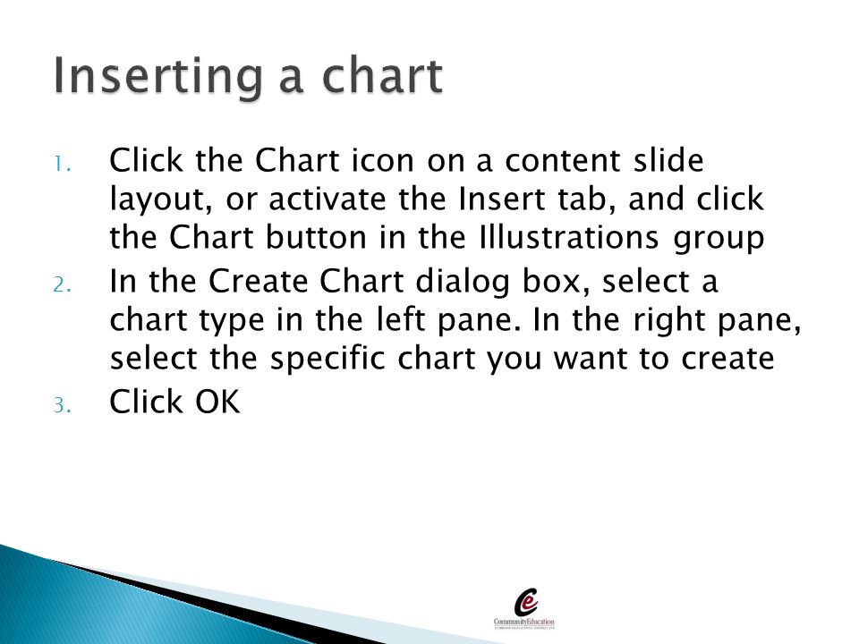 Inserting a chart Click the Chart icon on a content slide layout, or activate the Insert tab, and click the Chart button in the Illustrations group.