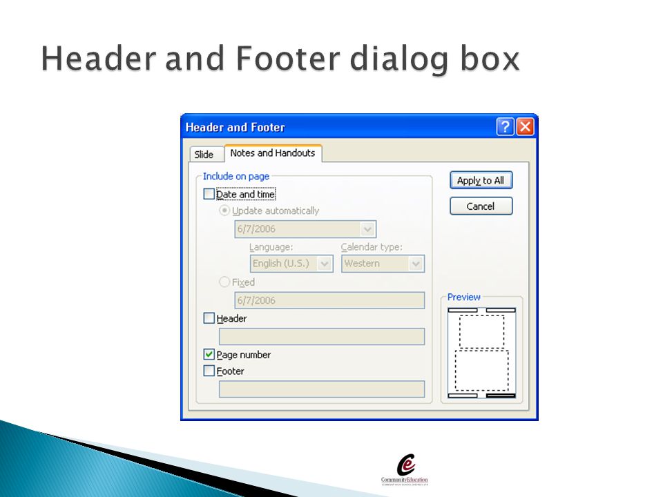 Header and Footer dialog box