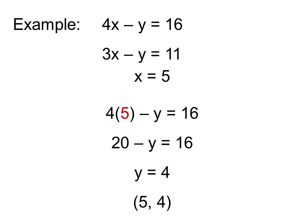 Example: 4x – y = 16 3x – y = 11 x = 5 4(5) – y = – y = 16 y = 4 (5, 4)