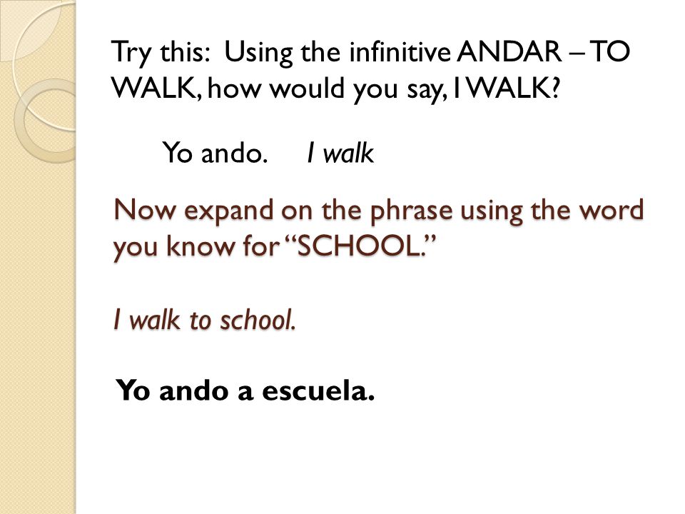 Try this: Using the infinitive ANDAR – TO WALK, how would you say, I WALK
