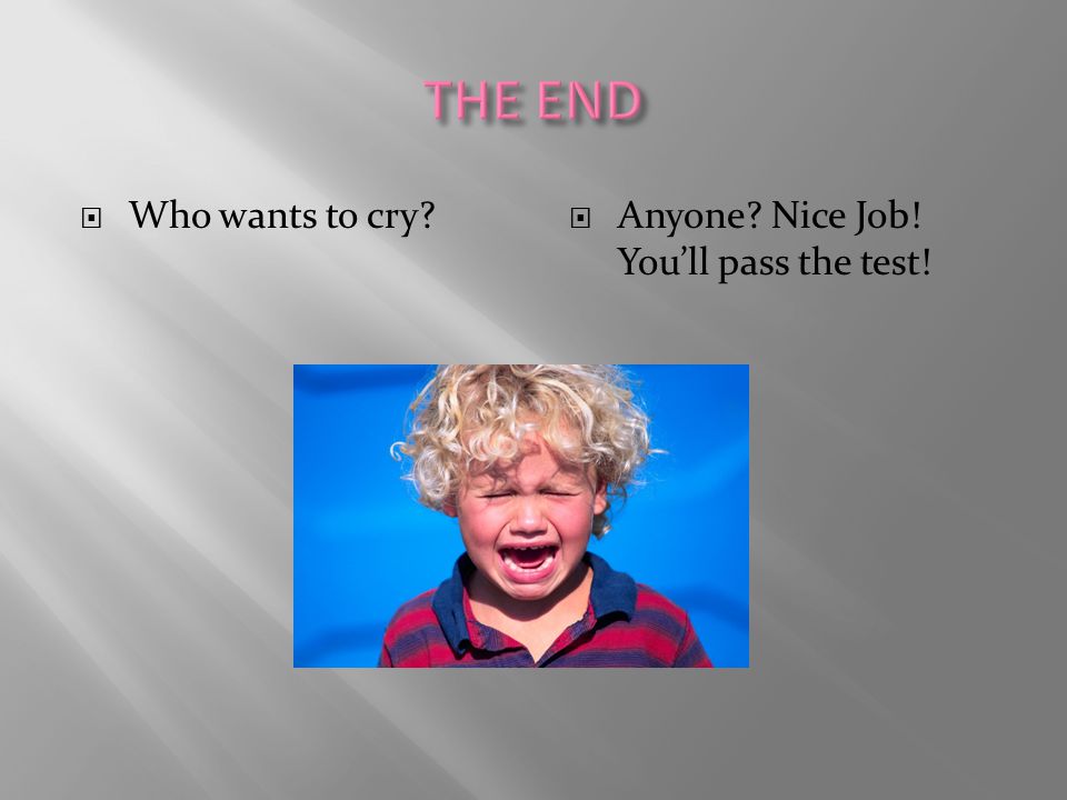 THE END Who wants to cry Anyone Nice Job! You’ll pass the test!