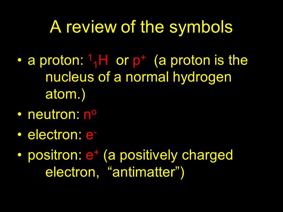 A review of the symbols a proton: 11H or p+ (a proton is the nucleus of a normal hydrogen atom.)