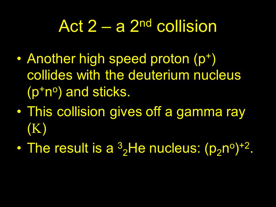 Act 2 – a 2nd collision Another high speed proton (p+) collides with the deuterium nucleus (p+no) and sticks.